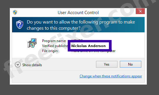 Screenshot where Nickolas Anderson appears as the verified publisher in the UAC dialog